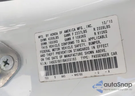 2011 Honda Accord 2.4 Lx-S из США, поврежденный, VIN 1HGCS1B31BA005193